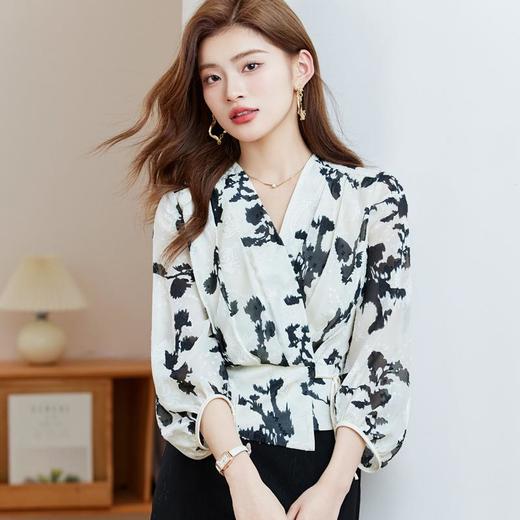 七分袖印花雪纺衫上衣2024春夏新款V领洋气小衫女衬衣1850 商品图0