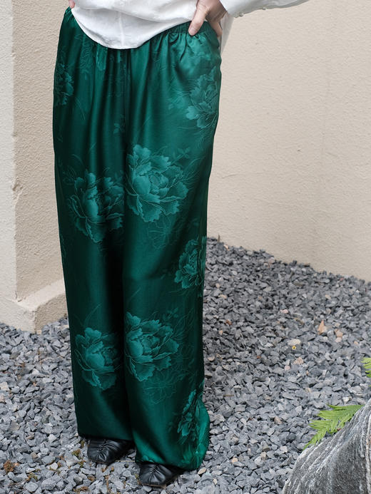 盛唐婧 |真丝缎牡丹花直筒阔腿裤 商品图0