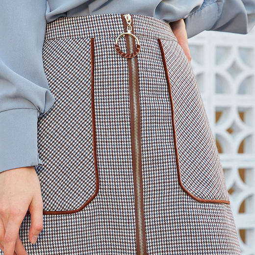欧芮儿2023秋装新款女装夏装千鸟格半身裙女拉链格子a字裙包臀裙 商品图3