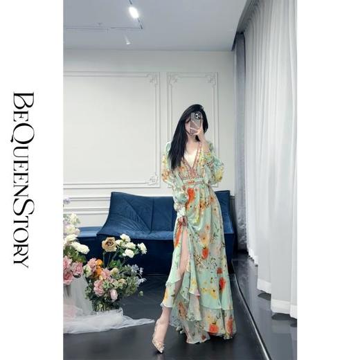 余潇潇【绿野繁花】100桑蚕丝提花面料复古优雅气质V领收腰连衣裙 商品图2