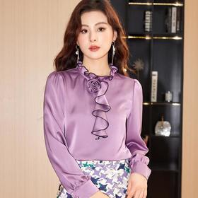 立领缎面雪纺衫女上衣2024春装新款洋气小衫长袖女衬衣8887