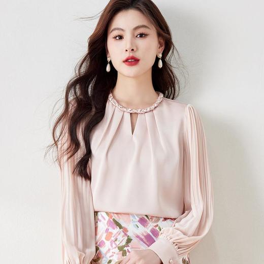 醋酸缎面雪纺衫女上衣2024春装新款小衫压皱长袖女衬衣8882 商品图2