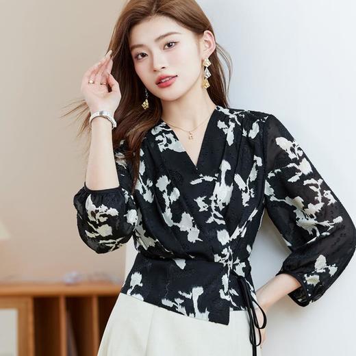 七分袖印花雪纺衫上衣2024春夏新款V领洋气小衫女衬衣1850 商品图3