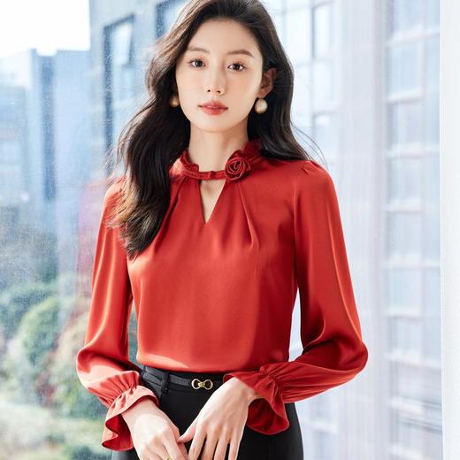 手工钉花缎面雪纺衫2024春装新款立领洋气小衫女衬衣0588 商品图0