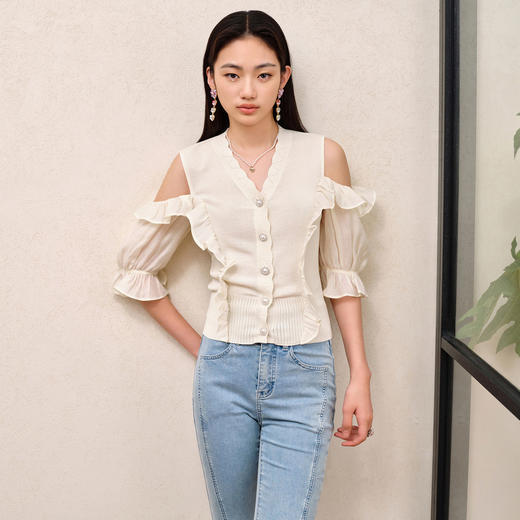 温柔浪漫氛围感露肩拼接套头针织秋季修身上衣女MS88SW530A20 商品图2