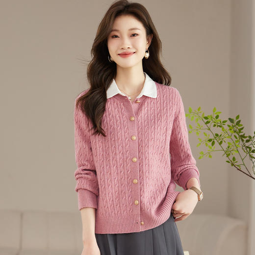 CC-J485衬衫领麻花开衫毛衣外套女短款春秋2024新款春装洋气外搭针织上衣 商品图2