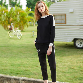 欧芮儿春装2019款女装黑白撞色运动套装女宽松刺绣百搭绣花两件套