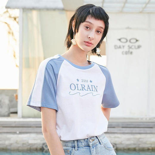 OLrain法式高级穿搭撞色短袖T恤女夏季宽松字母刺绣上衣 商品图1