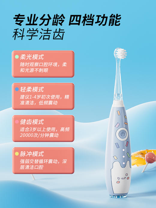 KUTA儿童Q萌冰淇淋电动牙刷 | 声波全自动儿童电动牙刷、充电式、分龄设计、双档强度、护龈软毛、好抓握、高颜值 商品图1