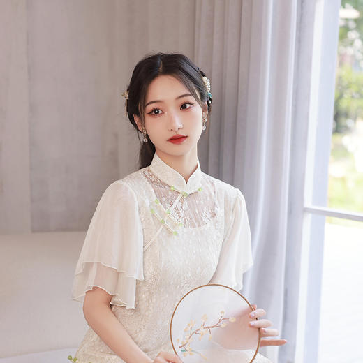 夏季白蕾丝改良复古休闲温柔系喇叭荷叶袖长款旗袍连衣裙 XL853 商品图1