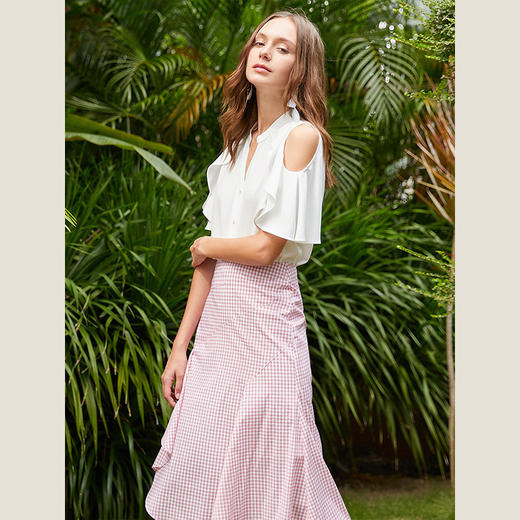 OLrain法式高级穿搭白色雪纺衬衫女夏季2022年新款荷叶边露肩衬衣 商品图3