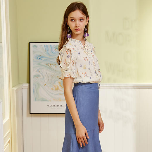 OLrain法式高级穿搭碎花雪纺衫女夏季2022新款系带木耳边甜美小衫 商品图4