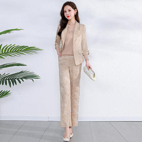 QYMYM-A1815-Y时尚气质三件套2024年新款印花西装外套小衫小脚哈伦裤套装