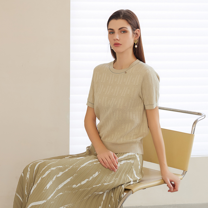 【棉麻短袖针织套衫】24年春夏新品圆领套头衫时尚立体条纹针织衫