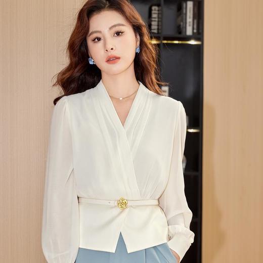短款V领雪纺衫女上衣2024春装新款洋气小衫长袖女衬衣8899 商品图0