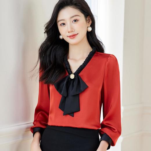 V领蝴蝶结雪纺衫女2024春装新款洋气小衫长袖女衬衣0591 商品图1