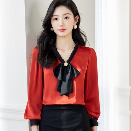 V领蝴蝶结雪纺衫女2024春装新款洋气小衫长袖女衬衣0591 商品图0
