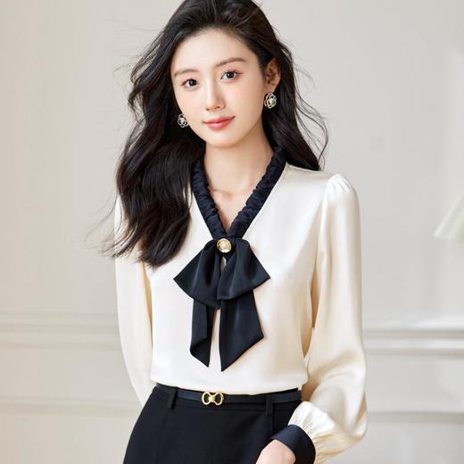 V领蝴蝶结雪纺衫女2024春装新款洋气小衫长袖女衬衣0591 商品图3