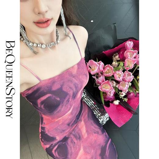 【孤品样衣，不退不换】 【风情万种】设计感复古玫瑰晕染气质修身性感吊带收腰连衣裙 商品图3