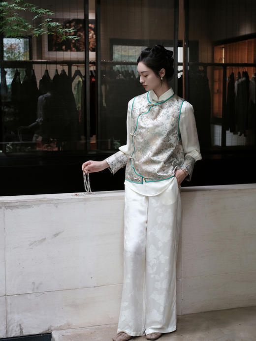 盛唐婧 |真丝宋锦竹禽图花瓣马甲 商品图1