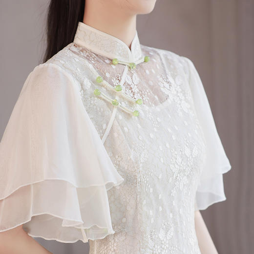 夏季白蕾丝改良复古休闲温柔系喇叭荷叶袖长款旗袍连衣裙 XL853 商品图4