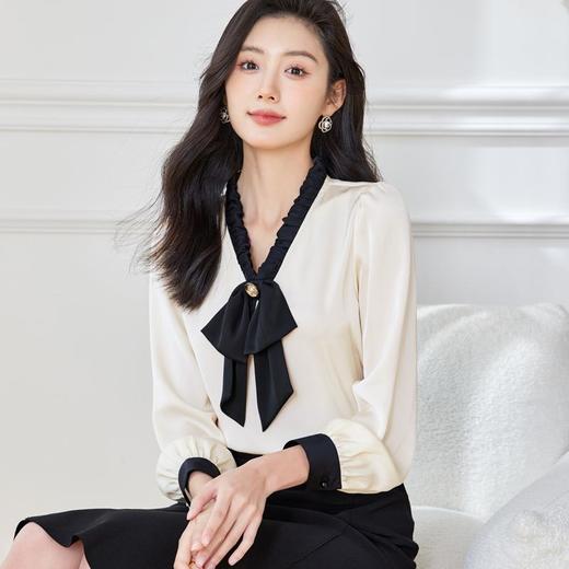 V领蝴蝶结雪纺衫女2024春装新款洋气小衫长袖女衬衣0591 商品图2