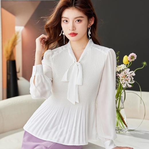 白色蝴蝶结雪纺衫2024春装新款小衫风琴褶职业女衬衣1759 商品图1