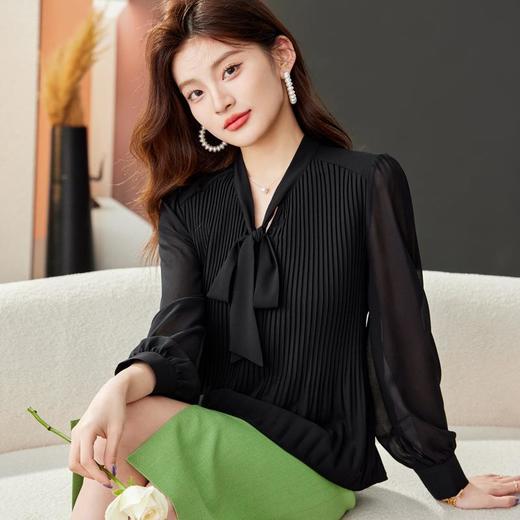 白色蝴蝶结雪纺衫2024春装新款小衫风琴褶职业女衬衣1759 商品图2