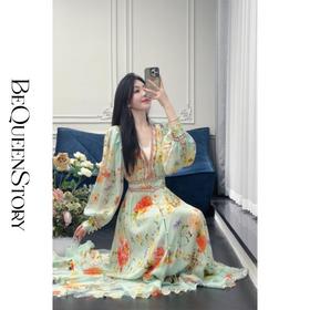 余潇潇【绿野繁花】100桑蚕丝提花面料复古优雅气质V领收腰连衣裙