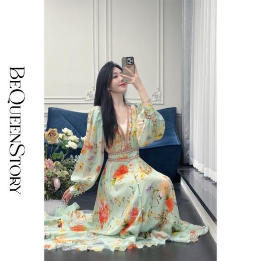 余潇潇【绿野繁花】100桑蚕丝提花面料复古优雅气质V领收腰连衣裙 商品图0