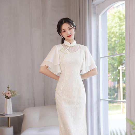 夏季白蕾丝改良复古休闲温柔系喇叭荷叶袖长款旗袍连衣裙 XL853 商品图3