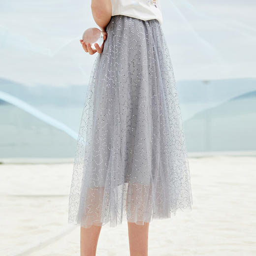欧芮儿夏装2021新款女装亮片网纱半身裙中长款女高腰a字女裙子 商品图4