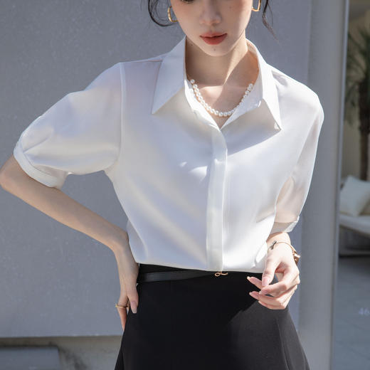 HT-3636白色衬衫短袖夏季薄款职业气质设计感小众中袖抗皱免烫衬衣 商品图2