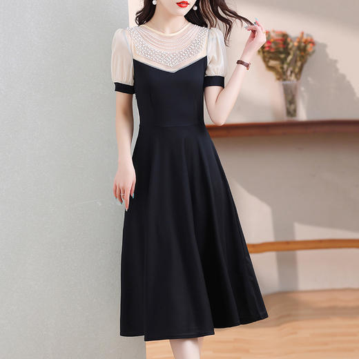 NYL-7363黑色夏季新款时尚洋气圆领拼接胖mm修身显瘦中长裙 商品图1