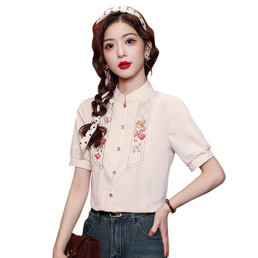 KQL-5811新中式国风复古刺绣衬衫女夏装2024新款短袖修身显瘦衬衣上衣 商品图4