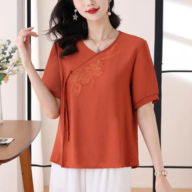 KQL7173新款短袖刺绣棉麻中年妈妈装宽松大码上衣中国风打底衫