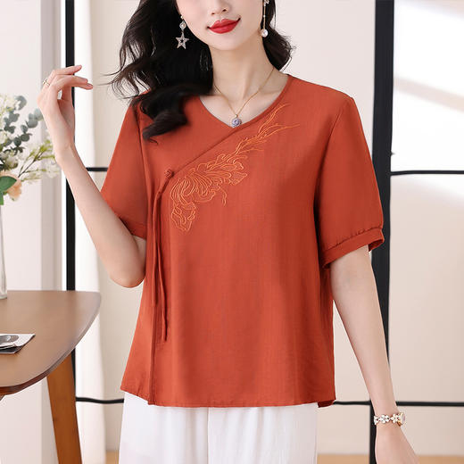 KQL7173新款短袖刺绣棉麻中年妈妈装宽松大码上衣中国风打底衫 商品图0