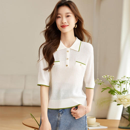 polo领冰丝t恤，小香风中袖天丝针织衫CC-J2532 商品图1