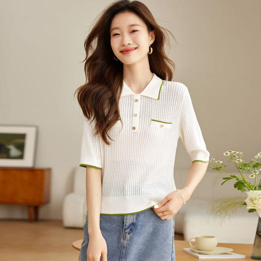 polo领冰丝t恤，小香风中袖天丝针织衫CC-J2532 商品图0