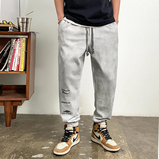 徐太浪潮牌废土风做旧休闲裤男春秋美式字母刺绣宽松束脚运动长裤 商品图0