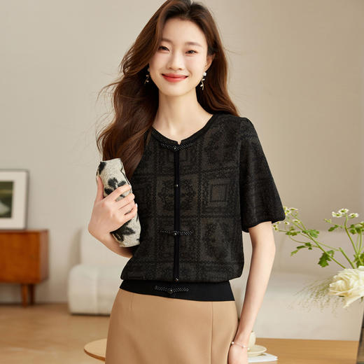 复古盘扣中式国风，冰丝针织短袖短款上衣CC-J2522 商品图2