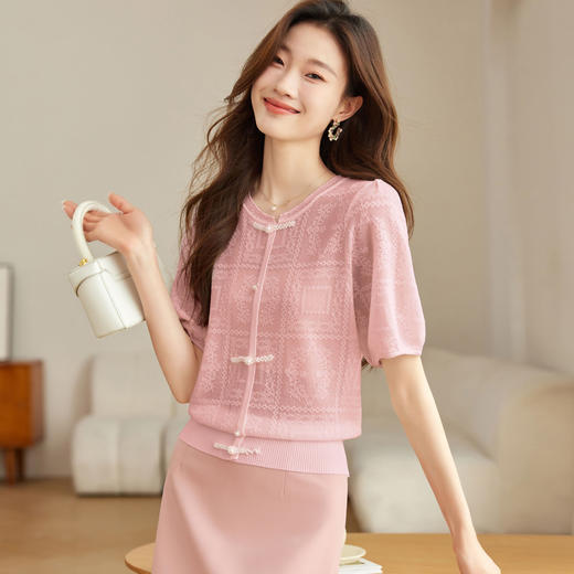 复古盘扣中式国风，冰丝针织短袖短款上衣CC-J2522 商品图0