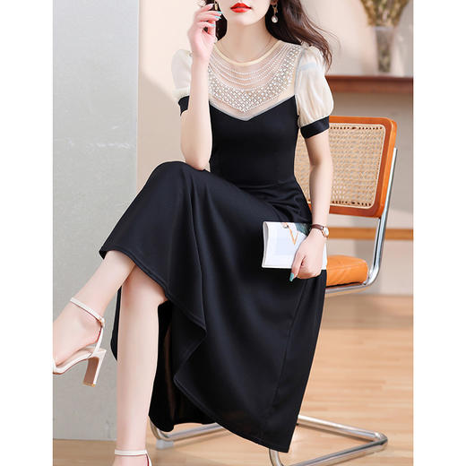 NYL-7363黑色夏季新款时尚洋气圆领拼接胖mm修身显瘦中长裙 商品图3