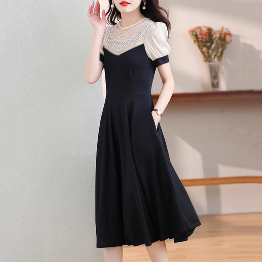NYL-7363黑色夏季新款时尚洋气圆领拼接胖mm修身显瘦中长裙 商品图0