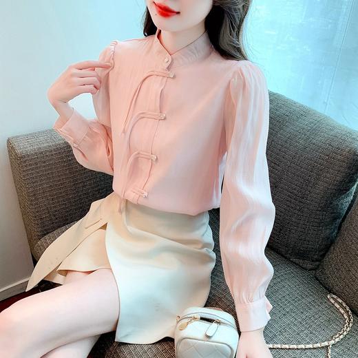 KQL-1162春秋季新款国风新中式衬衫女粉色盘扣泡泡袖设计感雪纺上衣 商品图1