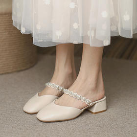 服饰鞋包-夏季新款平底时尚包头方头粗跟珍珠网红凉拖鞋