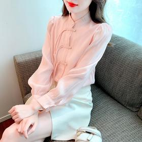 KQL-1162春秋季新款国风新中式衬衫女粉色盘扣泡泡袖设计感雪纺上衣