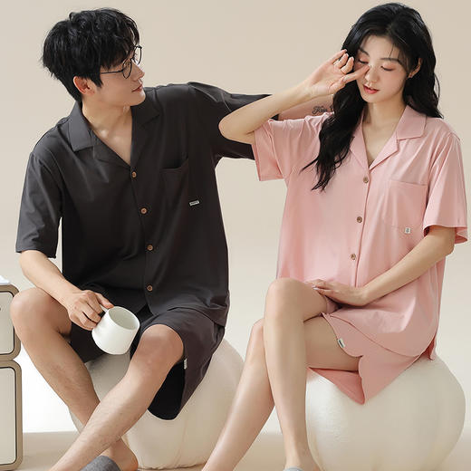 【109元/2套】【莫代尔睡衣】情侣凉感莫代尔睡衣 短袖短裤薄款女款带胸垫家居服套装 商品图1