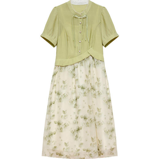 QYM-LZA15夏季新款国风复古裙新款中式拼结假两件印花连衣裙短袖裙 商品图4