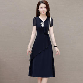 QYM-247235夏季短袖连衣裙时尚中式国风裙拼结双层假两件中长裙